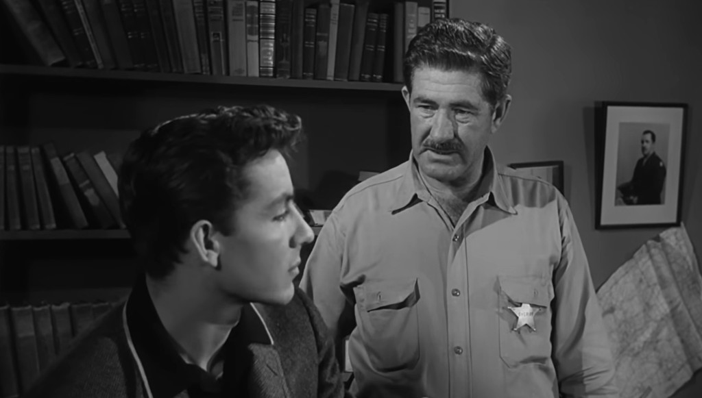 A young man with dark hair is facing another man, who is wearing a sheriff's shirt with an official badge. They are indoors, with a bookshelf in the background and a framed photo on the wall.