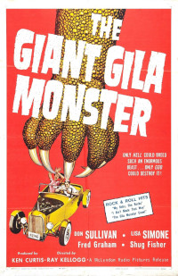 Vintage movie poster for 'The Giant Gila Monster' featuring a giant monster claw descending from the top, a classic yellow car with characters inside, and bold red background.