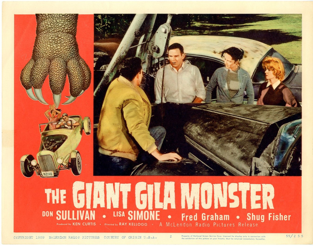 Movie poster for 'The Giant Gila Monster' featuring a giant claw, a vintage car, and four characters in a dramatic pose.