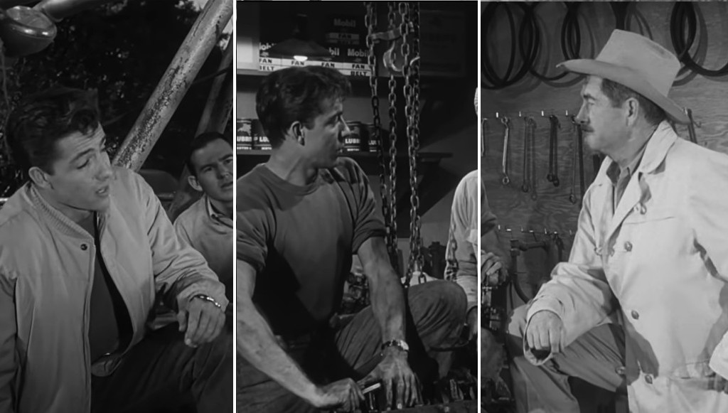 Three black-and-white stills showing male characters in a garage setting, engaging in conversation. The first image features a young man in a light jacket, the second shows another man in a t-shirt, and the third shows an older man wearing a hat and a light coat.