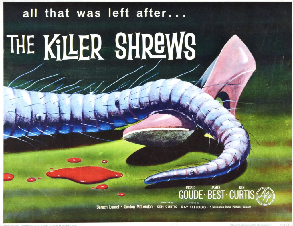 Movie poster for 'The Killer Shrews' featuring a giant, colorful shrew-like creature next to a high-heeled shoe and blood stains.