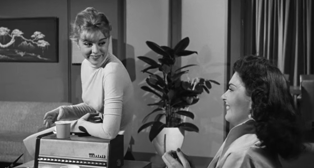 Two women engage in a friendly conversation in a modern living room with a potted plant in the background.