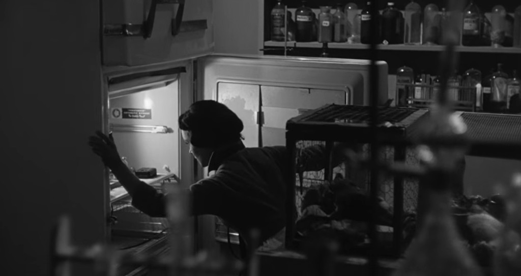 A person with short hair and a headscarf is reaching into an open refrigerator in a dimly lit room filled with various jars and bottles on shelves.