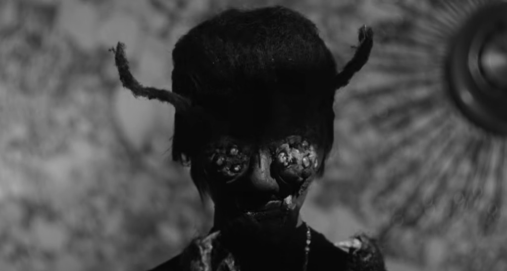 A dark, eerie figure with textured features, possibly resembling a creature, is set against a blurred, patterned background in black and white.
