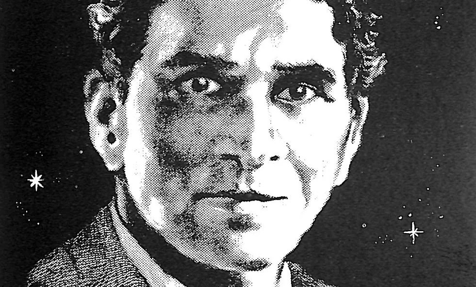 Black and white illustration of a man's face with a serious expression, surrounded by a starry background.